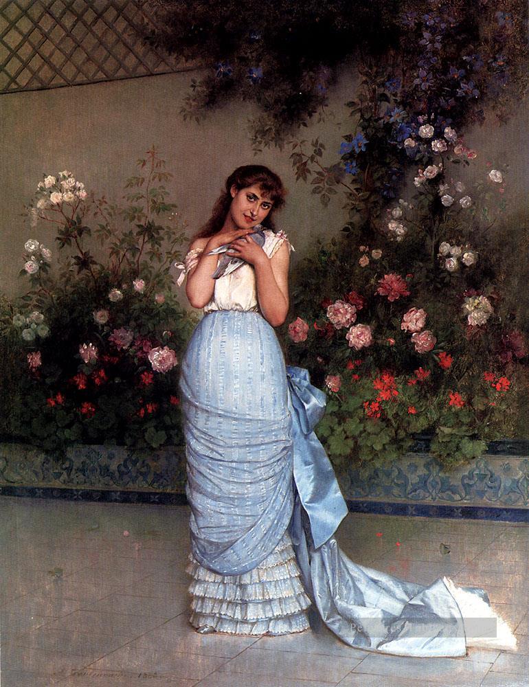 Une femme élégante et élégante Auguste Toulmouche classique fleurs Peintures à l'huile